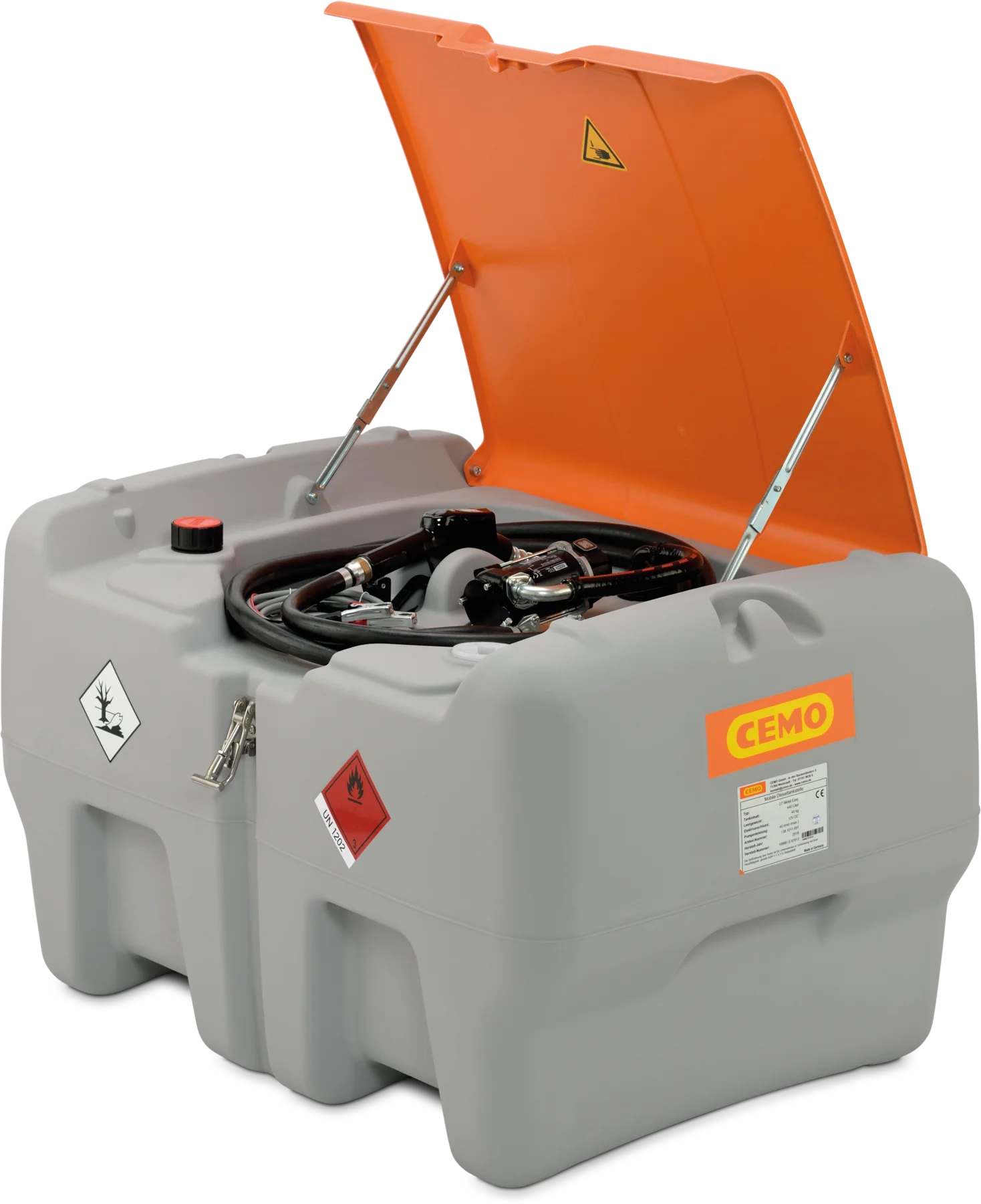 DT-Mobil Easy according to ADR 1.1.3. 1 c), with electrical pump, 440 L, Automatic dispensing nozzle diesel, 12 V DC, 40 L/min (max.), grey, with lid, orange